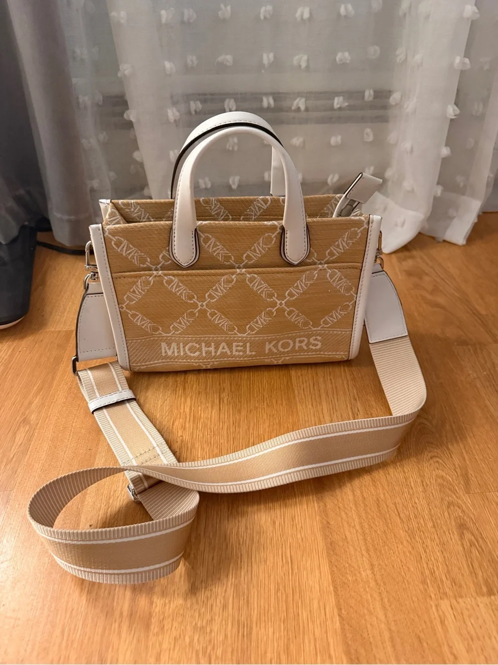 MICHAEL KORS Beige & White Jet Set Logo Canvas Tote